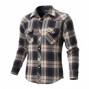 Wrangler Men's Plaid Button-Down Shirt - Navy, Cream & Burgundy Trim